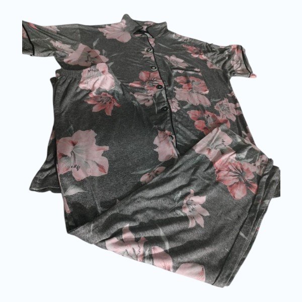 Women Night Wear Pajama Set – Gray with Flower Pattern
